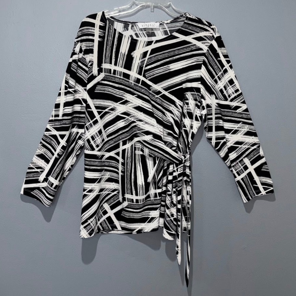 Kasper Wrap Blouse Women 1X Black White Knit Abstract Side Tie Chic Professional